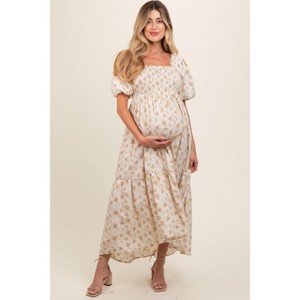Pinkblush Cream Floral Smocked Square Neck Short Puff Sleeve Maternity Midi Dress - 1 of 4