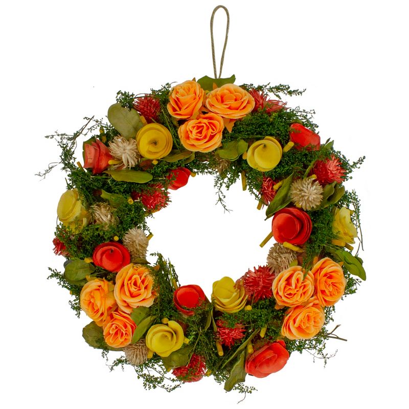 Northlight 12.5" Unlit Peach/Green Flowers with Moss and Twig Artificial Floral Spring Wreath, 1 of 5