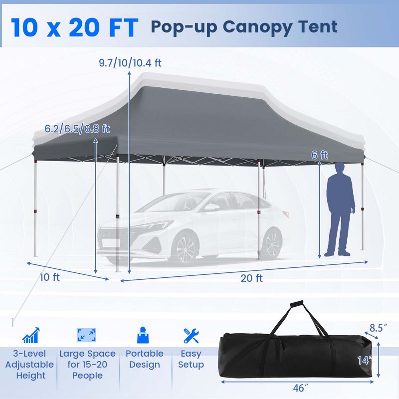Costway 10 x 20 FT Pop-up Canopy UPF50+ Sun Protection Tent with Carrying Bag Blue/Black/Grey/White, 3 of 11