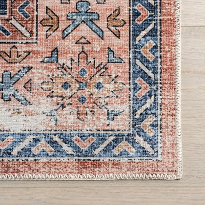 Astra Brick Red and Blue Synthetic Washable Area Rug, 3' x 5'