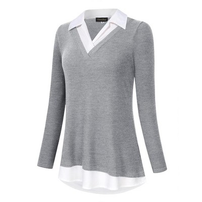 Women's Short Sleeve V-Neck Contrast Collared Shirts Patchwork Work Blouse Tunics Tops