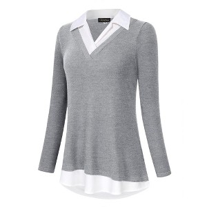 Women's Short Sleeve V-Neck Contrast Collared Shirts Patchwork Work Blouse Tunics Tops - 1 of 4