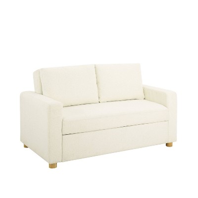 Ivory Boucle Full Size Convertible Sleeper Sofa with Wood Legs