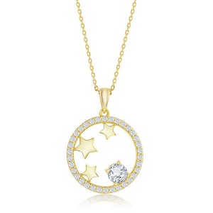 Bella Silver Sterling Silver, Stars CZ Circle 18" Pendant Necklace - Gold Plated - Gold - 1 of 2