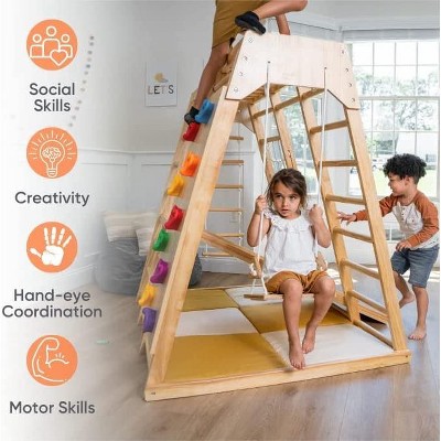 Large Natural Pine Indoor Playset with Slide, Swing, and Climbing Wall