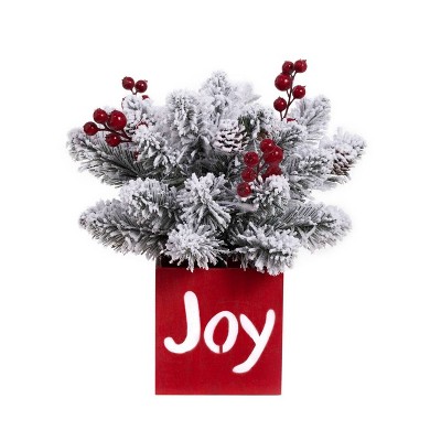 13in Joy LED Frosted Greenery Christmas Decor - Haute Décor: Indoor Pinecone & Berry Arrangement with Timer