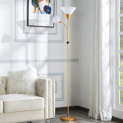 Vynxaria Floor Lamps, 71.3", 2 - Light Setup, Rose - White Arched Shades, Gold Body, for Bedroom/Living Room