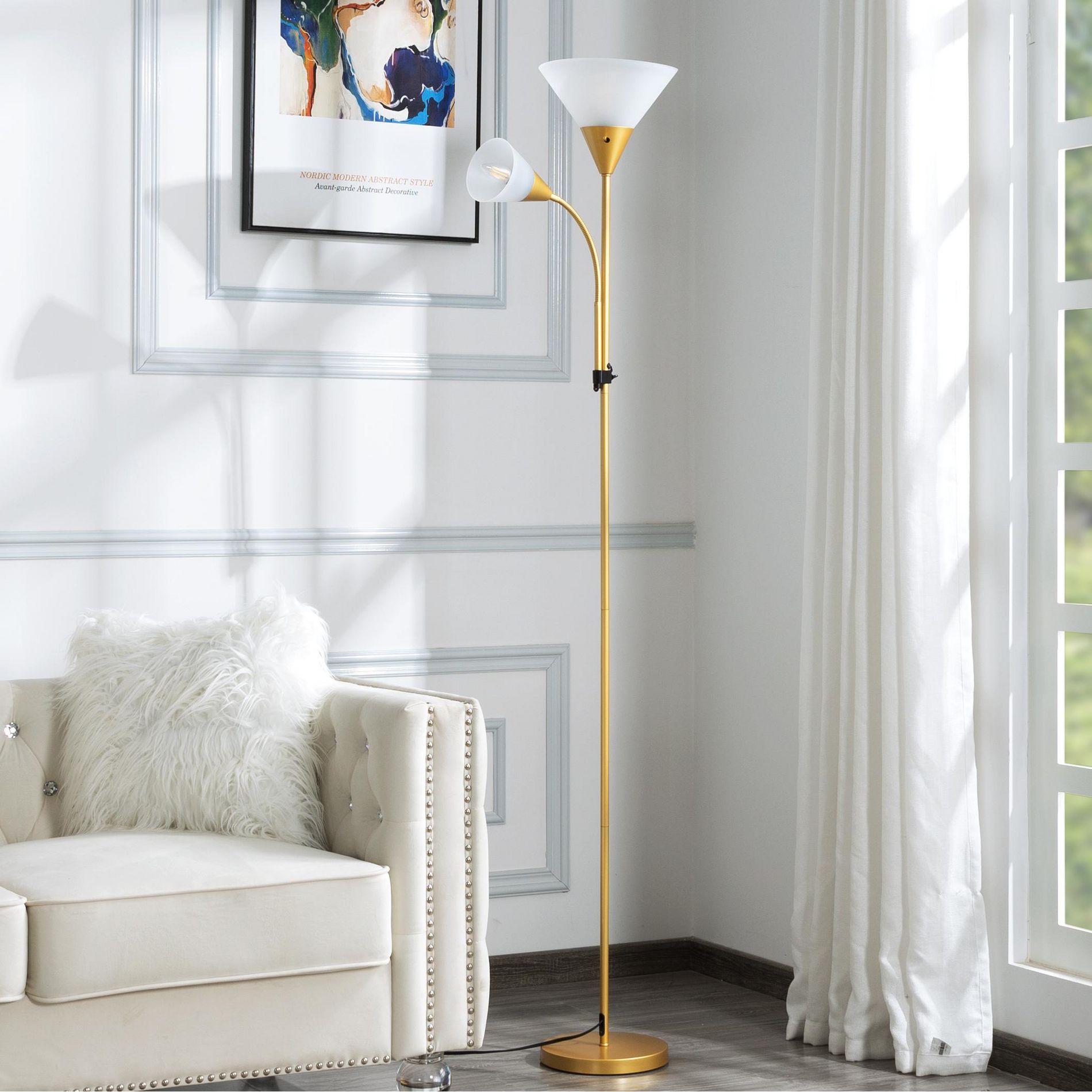 Gulches Floor Lamps, 71.3", 2 - Light Setup, Rose - White Arched Shades, Gold Body, for Bedroom/Living Room