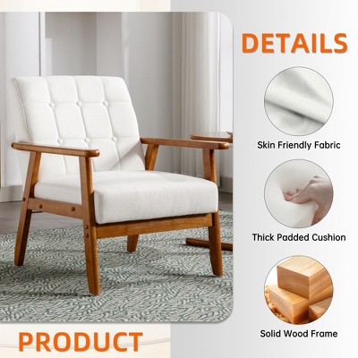 MOONMISS Mid-Century Upholstered White Linen Fabric Accent Arm Chair with Solid Wood Frame
