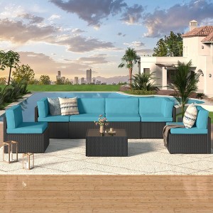 Cesicia 7-Piece Blue Sofa Set With Black PE Rattan Frame, Garden Patio Wicker Sectional Sofa Set with Coffee Table for Backyard, Porch, Balcony - 1 of 4