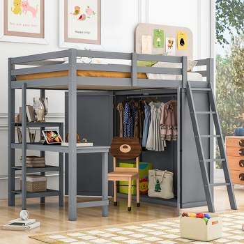 Full/ Twin Size Loft Bed with Wardrobe, Desk and Shelves-ModernLuxe