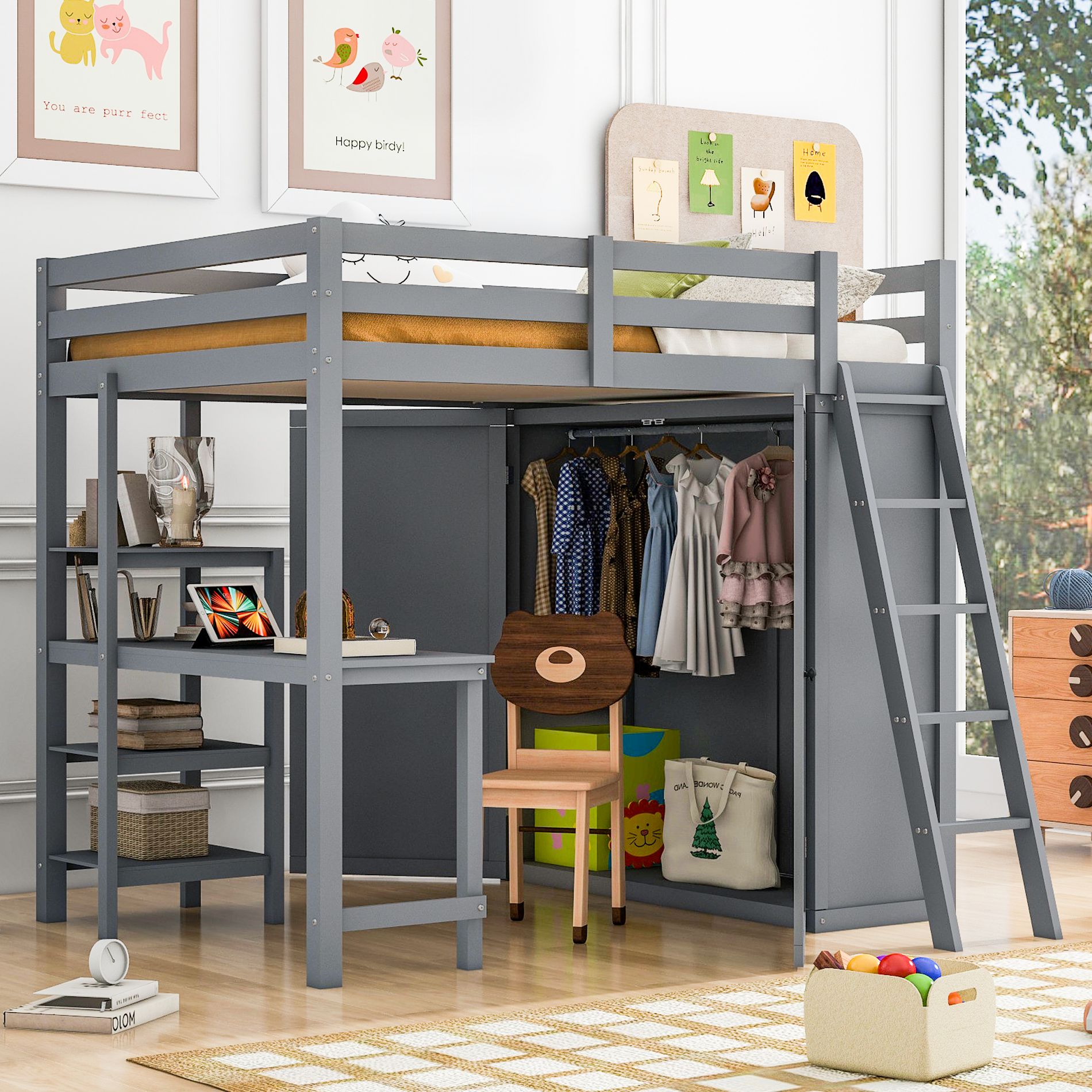 Full Size Loft Bed with Wardrobe, Desk and Shelves, Gray - ModernLuxe