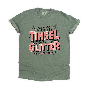 Simply Sage Market Women's Powered By Tinsel And Glitter Short Sleeve Garment Dyed Tee - 1 of 4
