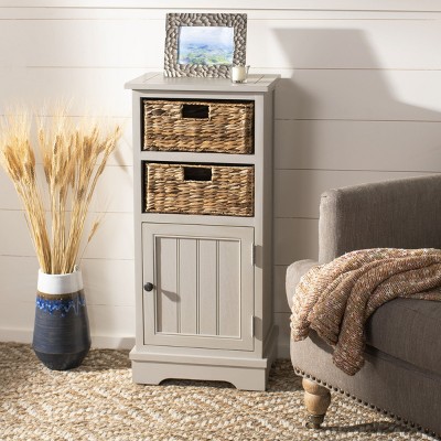 Vintage Grey Pine Wood Accent Cabinet with Wicker Baskets