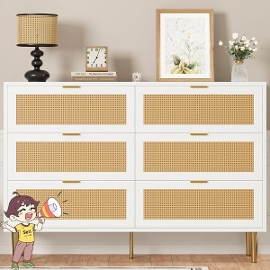 Jojoka Rattan 6 Drawer Dresser with Gold Legs and Handles, Modern Wide Double Chest of Drawers for Bedroom Living Room - 1 of 4