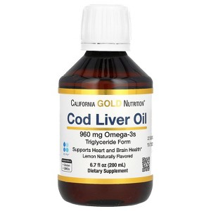 California Gold Nutrition Cod Liver Oil with Omega-3 Fatty Acids, EPA, DHA, Vitamins A and D, Norwegian, Triglyceride Form, Natural Lemon, 6.7 fl oz - 1 of 3