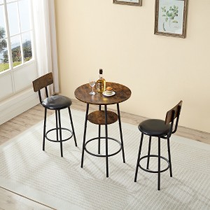 DOMETOUR Round Dining Table Set of 3 (1 Pc Two-level Small Bar Table+ 2Pcs Upholstered Bar Chairs with Backrest) for Restaurants, Cafes, Bars - 1 of 4