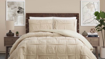 King Cream Cotton Linen Reversible 3-Piece Comforter Set