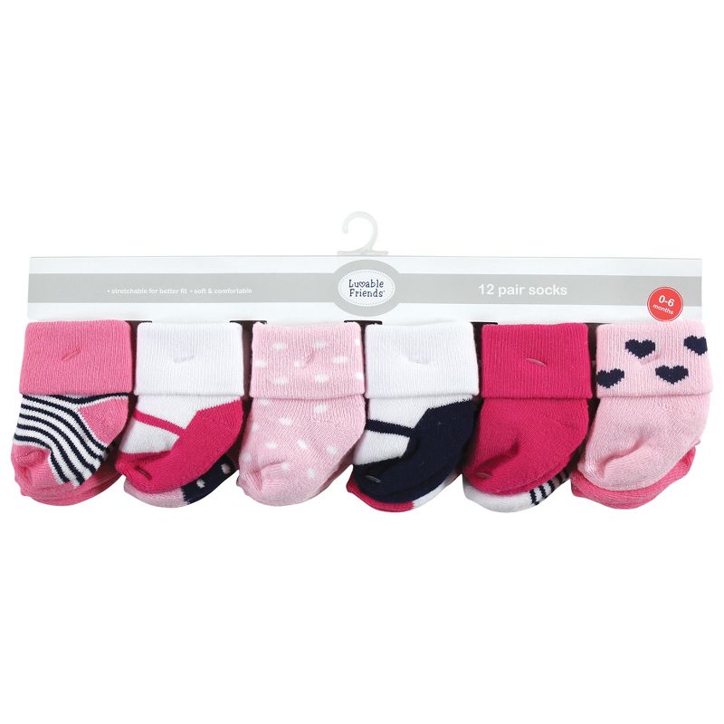 Luvable Friends Baby Girl Newborn and Baby Terry Socks, Pink Mary Janes 12-Pack, 3 of 10