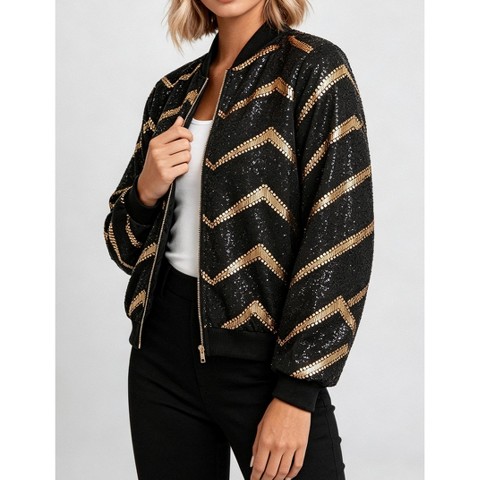 Женская куртка YesFashion Women Gold Print Zip Up Jacket Classic Stand Collar Long Sleeve Casual Cropped Outerwear, Black, L, цвет: Золотой