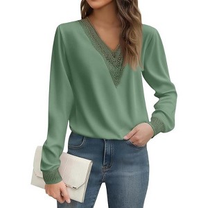 Coolmee Women's Casual Long Sleeve Shirts Lace V Neck Color Block Dressy Tops Trendy Hollow Floral Blouses T Shirts - 1 of 3