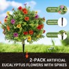Set of 2 Artificial Boxwood Ball Topiary Trees with Flowers, Fake Outdoor Shrubs with Ground Spikes for Porch Garden Patio - 4 of 4