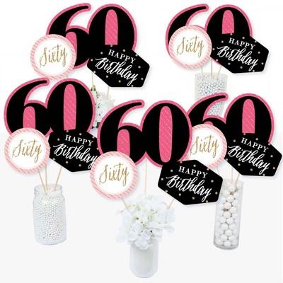 Big Dot of Happiness Chic 60th Birthday - Pink, Black and Gold - Birthday Party Centerpiece Sticks - Table Toppers - Set of 15