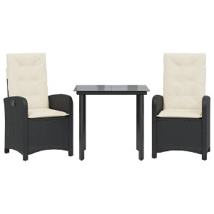 vidaXL 3 Piece Patio Dining Set/Outdoor Reclining Garden Chairs with Cushions/Black Poly Rattan/Glass Tabletop/Adjustable Backrest - 1 of 4