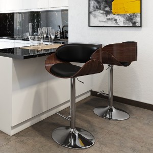 Mid-Century Modern Vegan Faux Leather Adjustable Swivel Barstool with Padded Seat, Bentwood Frame, and Chrome Base for Kitchen or Bar Area - 1 of 4