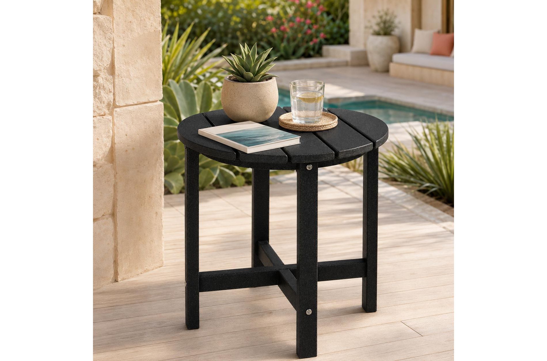 Round Weather-Resistant HDPE Outdoor Patio Coffee Table, 18 Inch, Black