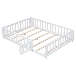 TopComfy Beds Full Size Floor Platform Bed with Fence and Door Floor Bed Frame with Support Slats Bed for Kids, White, 77.76"*17.52"*6.3" - 1 of 4
