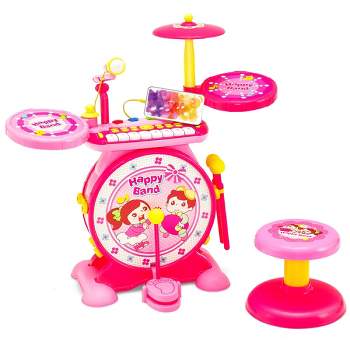 Costway 2-in-1 Kids Electronic Drum Kit Music Instrument Toy w/ Keyboard Microphone Pink