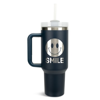 100 North Smile Happy Face Hippie Wrap-Around 40 Oz. Stainless Steel Water Bottle Coffee Mug, Spill & Leak Resistant, Travel Tumbler with Handle, Lid