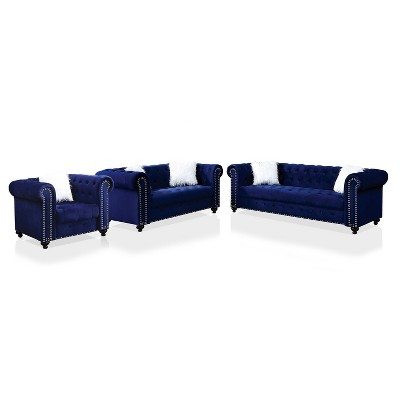 3pc Paseo Glam Sofa and Loveseat with Armchair Set Blue - miBasics
