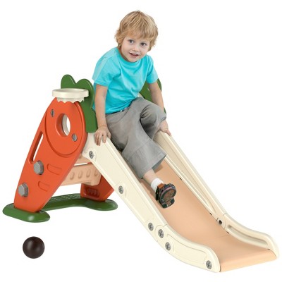 Qaba Toddler Slide, 3 in 1 Indoor Slide for Kids Age 1-3 Years, Foldable Carrot-themed Baby Slide with Basketball Hoop, Orange