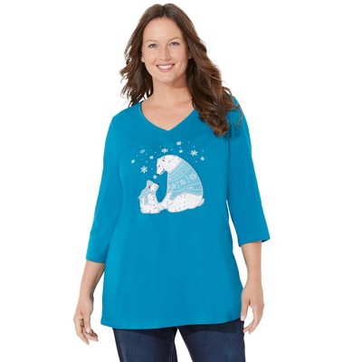 Catherines Women's Plus Size Wit & Whimsy Tees - 1X, Deep Teal Polar Bear