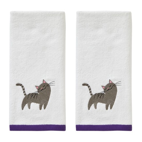 CAT EYES Stunning Unique SET OF 2 HAND TOWELS EMBROIDERED By Laura 