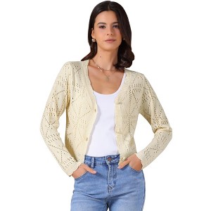 INSPIRE CHIC Women's Long Sleeve Button Down Knit Hollow Out V Neck Cropped Cardigans - 1 of 4