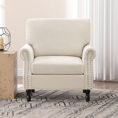 Beautyolove Beige Chenille Upholstered Wood Frame Accent Chair Armchair with Turned Legs and Tufted Rolled Armrests