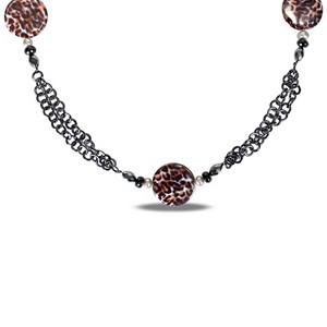 EVERLY JEWELRY | Leopard Bead, Cultured Freshwater Pearl, Oval Hematite and Onyx Bead Link Necklace in Black Plated Goldtone - 28 in - 1 of 1