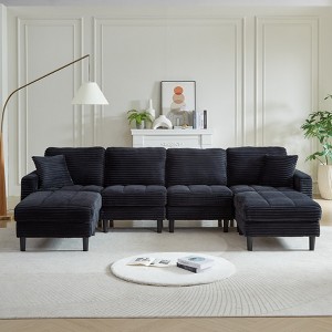MAYEERTY 122.5 Inch Oversized U Shaped Modular Sofa Corduroy Fabric 2 Pillows 2 Ottomans Plastic Legs Black Living Room Sectional - 1 of 4