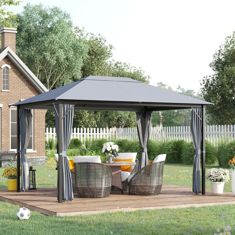 Outsunny 13' x 10' Outdoor Patio Gazebo Soft Top Canopy with PA Coated Polyester Roof, Steel/Aluminum Frame, Curtains & Netting Sidewalls, Gray, 2 of 9