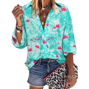 Nlife Women Lapel Collar Floral Print Button Down Long Sleeve Elastic Cuff Shirt - 1 of 4