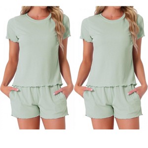 INSPIRE CHIC Women's 4 Pcs Ribbed Knit Soft Short-Sleeve Top & Shorts Ruffled Lounge Pajama Set with Pocket - 1 of 4