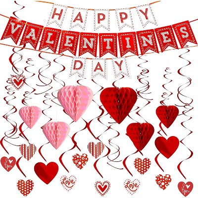 Joyfy  31 Pcs Happy Valentines Banner with Paper Flower for Valentine's Day Party Decoration Classroom School Decoration