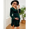 Marternity Velvet Dress Wrap V Neck Puff Long Sleeve Ruffle Midi Dress with Belt Baby Shower Photoshoot - 3 of 4