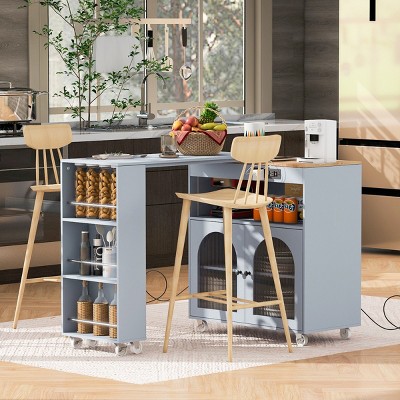 Rolling Kitchen Island With Extended Table,Kitchen Island on Wheels with LED Light,Power Outlets and 2 Fluted Glass Doors with 3 Shelves-Maison Boucle