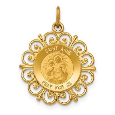 Black Bow Jewelry 14k Yellow Gold Filigree St. Anne Medal Pendant, 19mm (3/4 Inch)