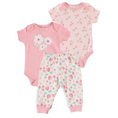 Image of Kyle & Deena Baby Girl Clothes Layette Set Footless Sleep and Play 3 Pack Strawberry Floral Shortcake 3-6M