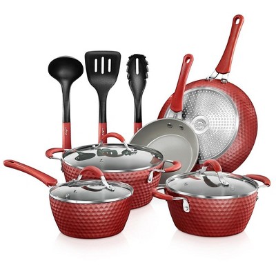NutriChef 11-Piece Kitchen Cookware Set with Ceramic Coating & Lids NCCW11RDD - Red/Gray